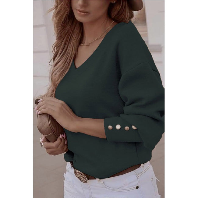 Solid Color Button Long Sleeve V-neck T-shirt Women Main Image