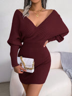 Cross V-Neck Batwing Sleeve Bodycon Sweater Dress