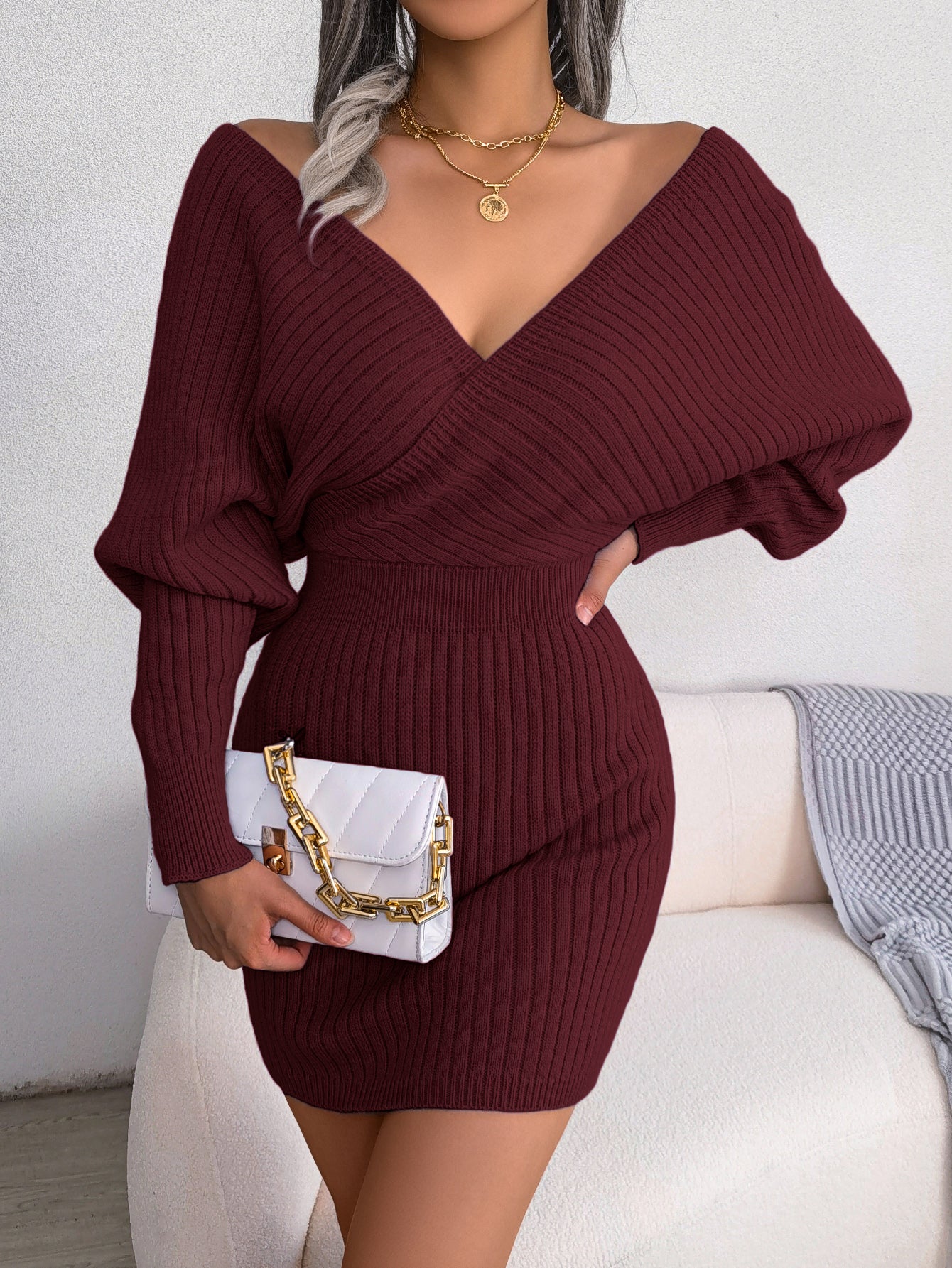Cross V-Neck Batwing Sleeve Bodycon Sweater Dress