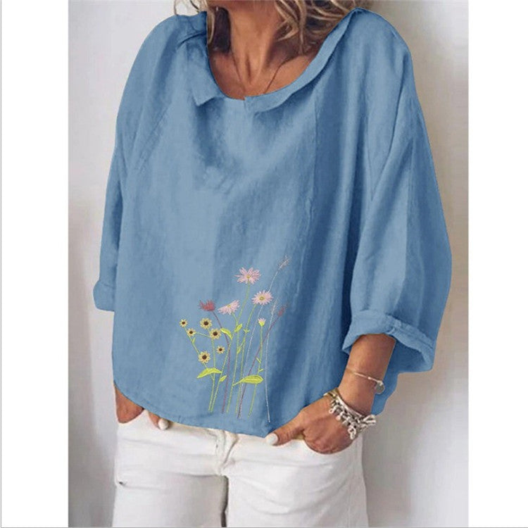 Linen loose Lapel long sleeve shirt for women