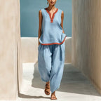 Summer Contrast-Colored Wide-Leg Pants Suit Womens Cotton-Linen Fashionable Two-Piece Set