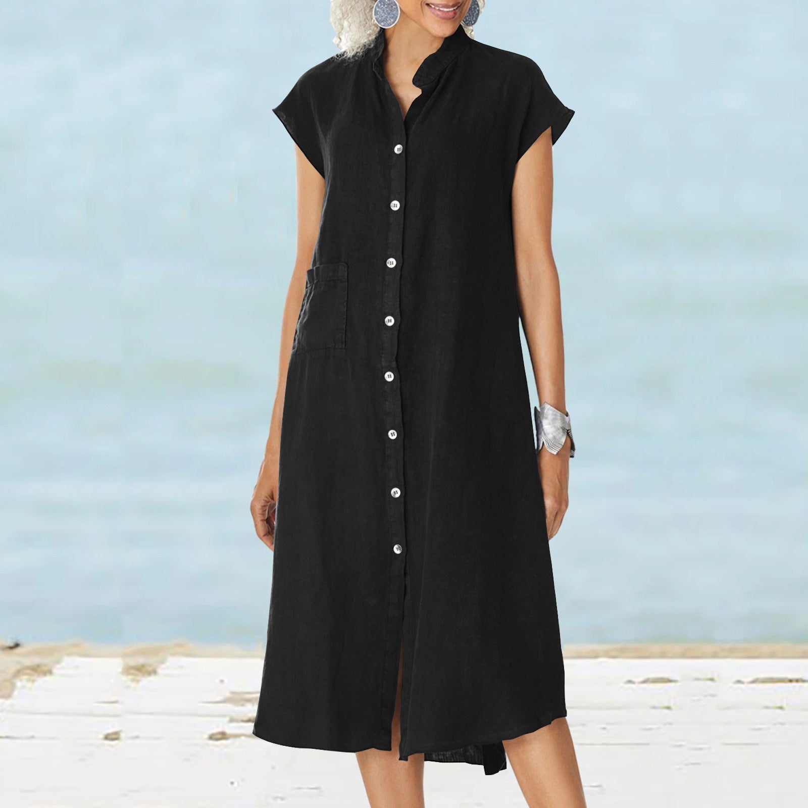 Cardigan Stand Collar Single-breasted Cotton And Linen Pocket Dress