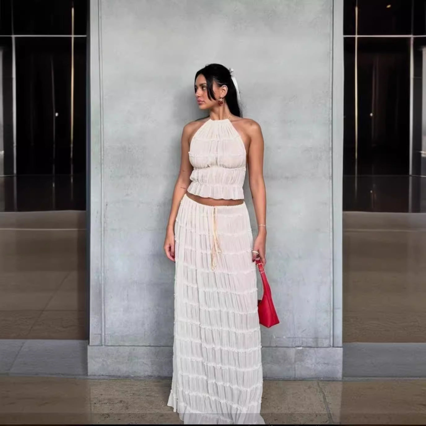 Backless Halter Lace-up Pleated Dress Lace Vest Suit