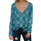 Printed V-Neck Long-Sleeved Drawstring Shirt Top Women
