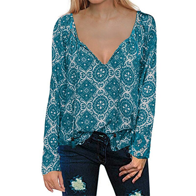 Printed V-Neck Long-Sleeved Drawstring Shirt Top Women