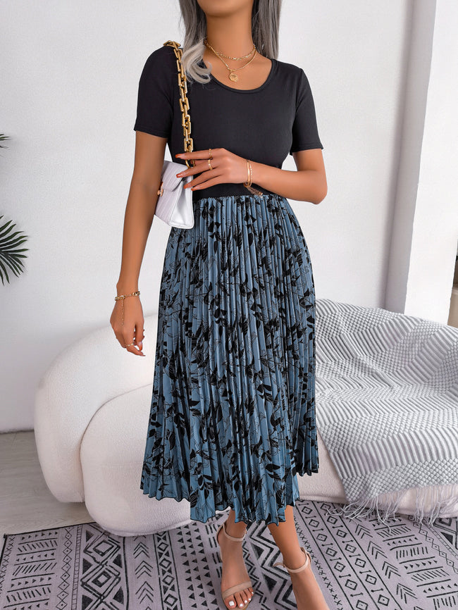 Women   Casual Leaf Print High Waist Pleated Midi Dress Hover Image