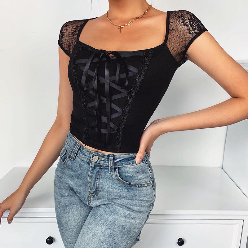 Lace stitching sexy strappy t-shirt women
