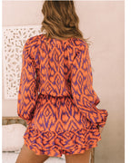 Cross-border Printed Stand Collar Long Sleeve Elastic Waist Bag Liner Dress