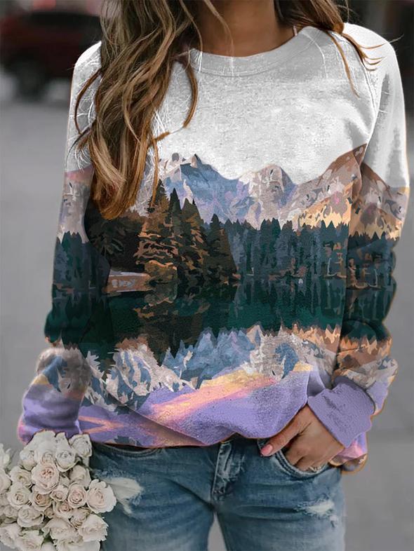 Popular women's landscape print long-sleeved T-shirt top Hover Image