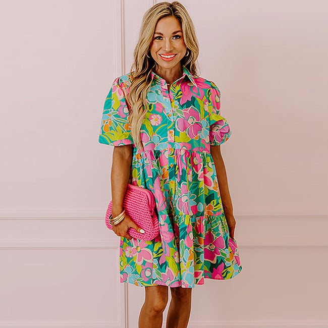 Summer Floral Print Puff Sleeve Dress Hover Image
