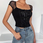 Lace stitching sexy strappy t-shirt women