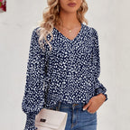 Loose Printed Long Sleeve V-neck Chiffon Shirt For Women