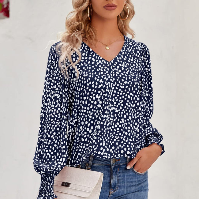 Loose Printed Long Sleeve V-neck Chiffon Shirt For Women Hover Image