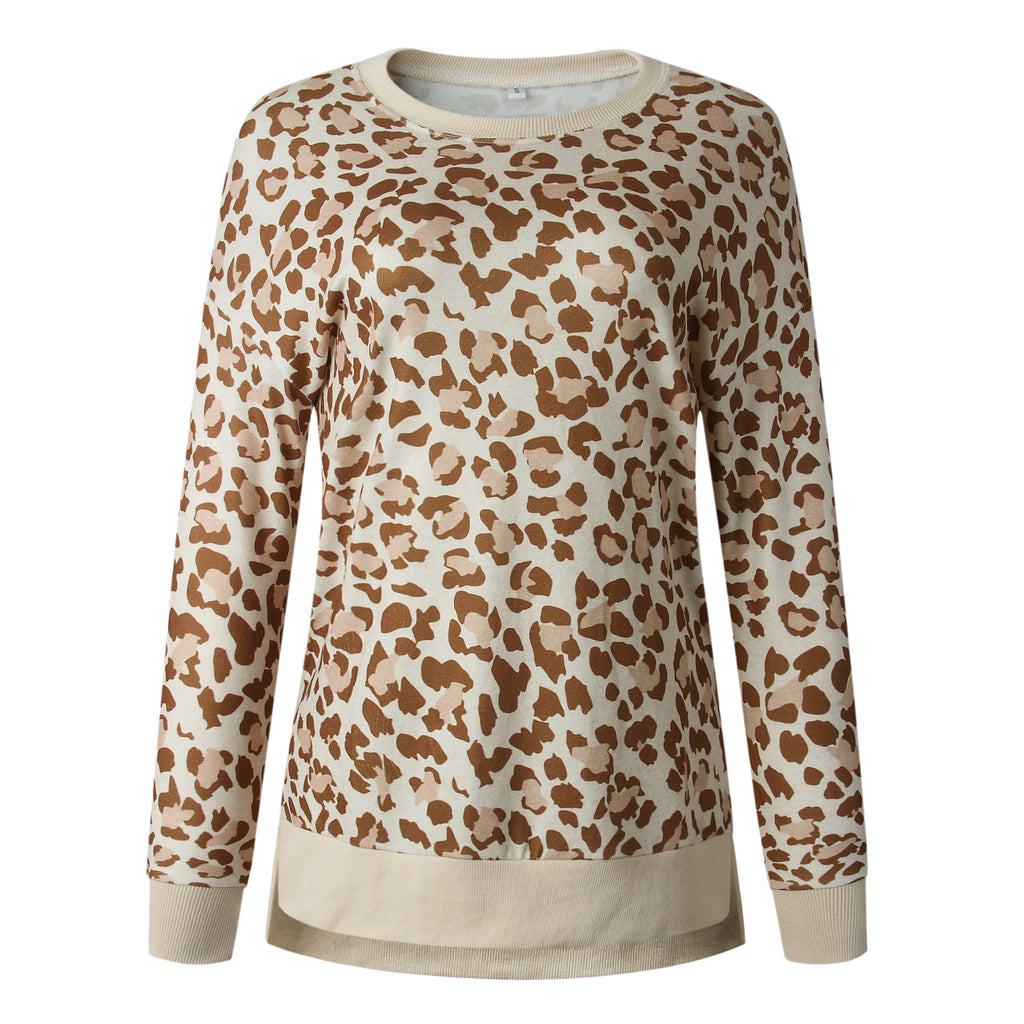 Leopard print round neck irregular long-sleeved blouse