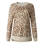 Leopard print round neck irregular long-sleeved blouse