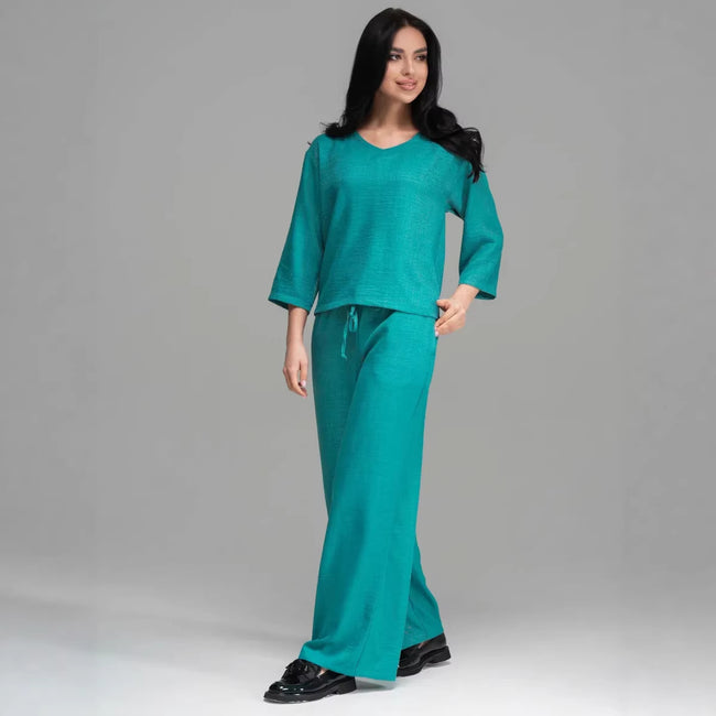 Womens Casual Two-Piece Set Fashionable Solid-Color Loose Cropped-Sleeve Wide-Leg Pants Suit Main Image