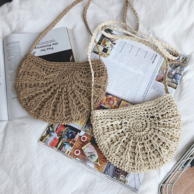 Women small Semicircle Tassel Knitting Straw bag Summer Travel Rattan Tote Knitted Hand Bag Girls Shoulder Tote Keys Coin bag Hover Image
