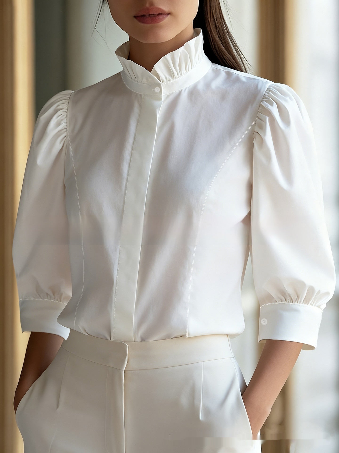 Minimalist Figure-flattering Versatile Stand-collar Blouse For Women