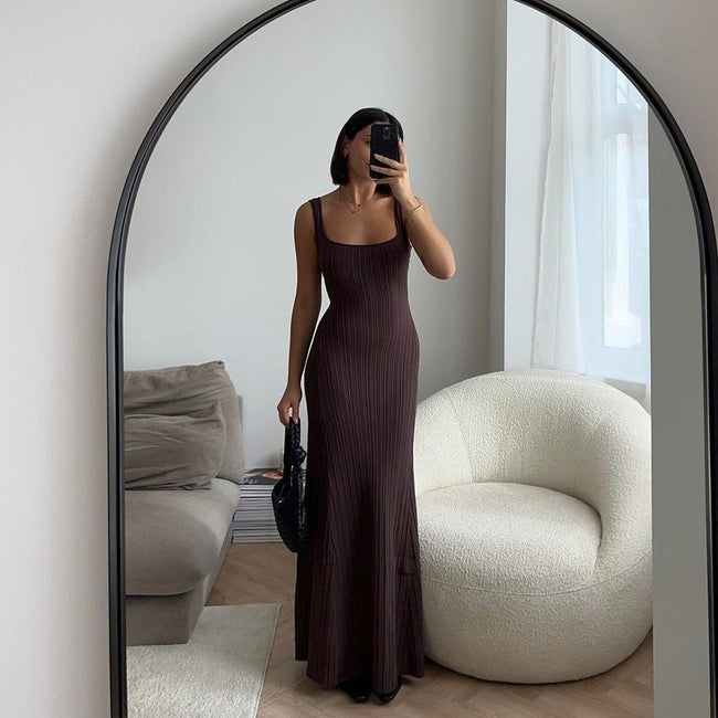 Knitted Sunken Stripe Long Dress Summer Women Hover Image