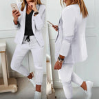 Women's Solid Color Long Sleeve Suit Set - Stylish Notch Lapel Blazer With Pockets & Drawstring Waist Pants, Spring&Fall Business Casual Outfit