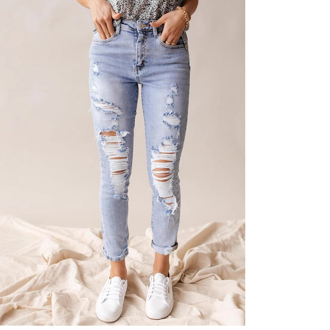 European And American Spring And Summer Leisure Fashion Holes High Waist Jeans For Women Main Image