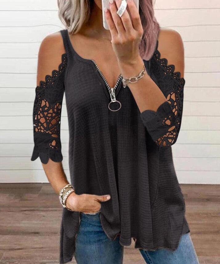 Sexy Summer Half Sleeve Lace Shirt Women Casual Zipper