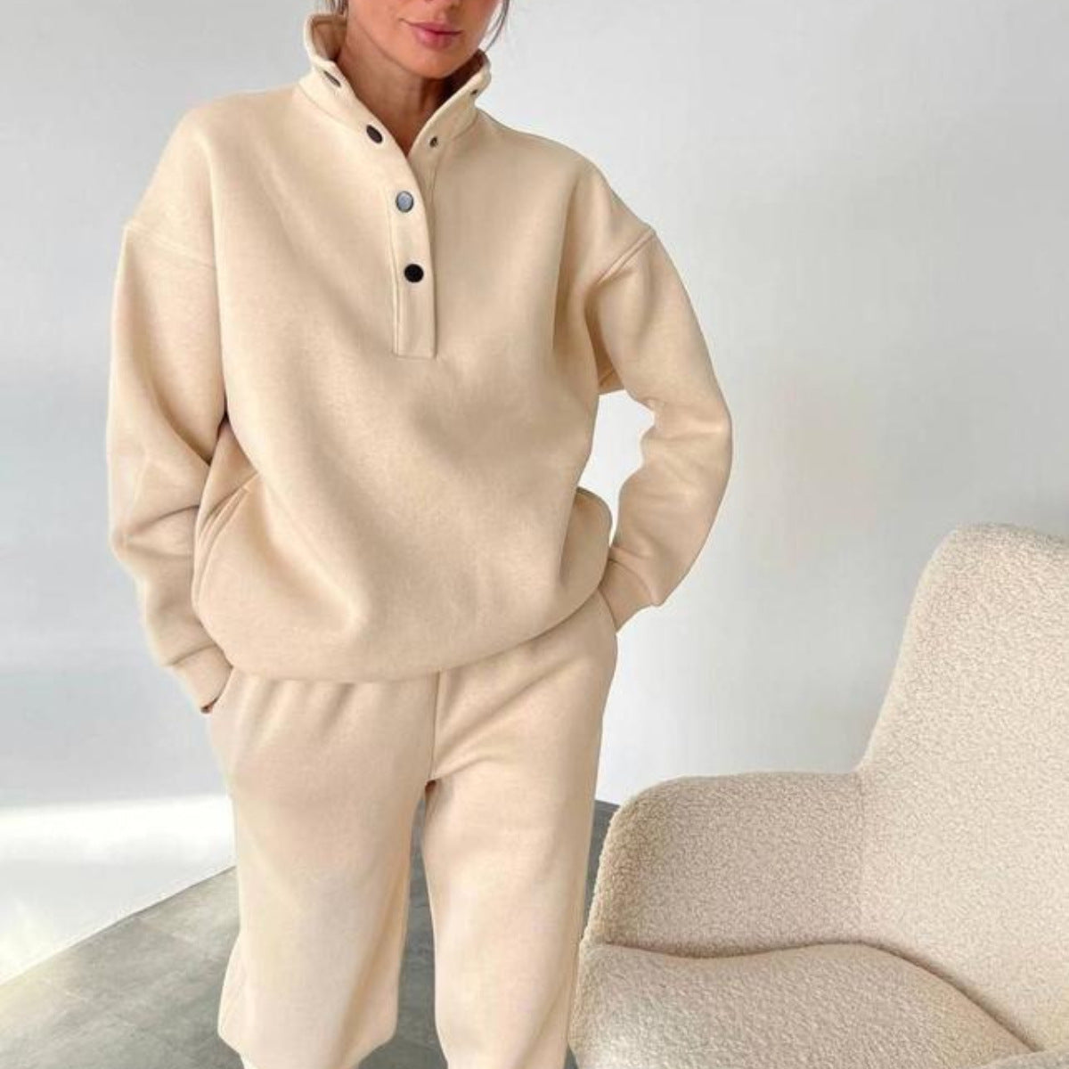 Women's Fashion Button Stand Collar Suit Two-piece Set