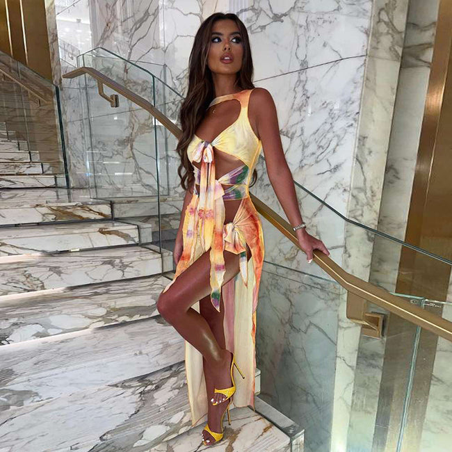 Gradient Printing Lace-up High Slit Dress Women Main Image