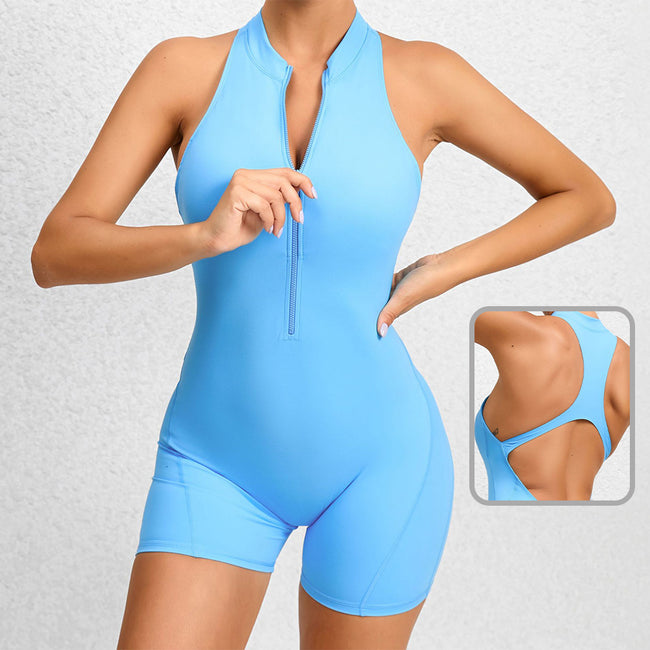 Zippered Yoga Fitness Shorts Jumpsuit Sleeveless Tummy Control Stretch Shapewear Butt Lifting Sportswear Women Hover Image