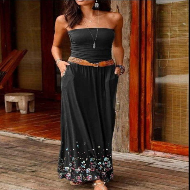 Tube Top Off-neck Waist-slimming Long Dress Dress Floral Print No Belt Main Image