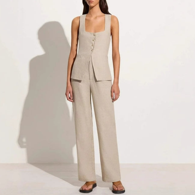 Vest Suit Cotton Square Collar Sleeveless Vest Top Trousers Two-piece Set Hover Image