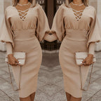 Pure Color High Waist Long Sleeve Knitted Dress