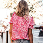 Printed Slim Shirt Women's Ruffled Low V-neck Shirt Women