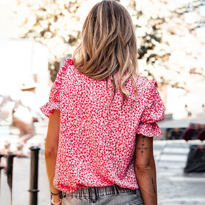 Printed Slim Shirt Women's Ruffled Low V-neck Shirt Women