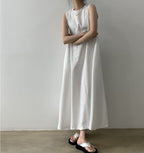 Round neck sleeveless solid color long cotton and linen dress
