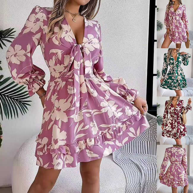 New Floral Printed V-Neck Long Sleeve Dress Fashion Ruffles Bowknot A-Line Short Dress Women's Clothing Hover Image