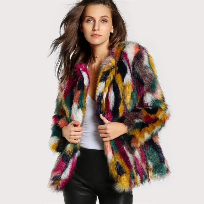 Winter Color Fur Coats Women Elegant Fur Coats Colorful Faux Fur Coat Brand Fashion Long Sleeve Collarless Casual Woman Fur Coat Hover Image