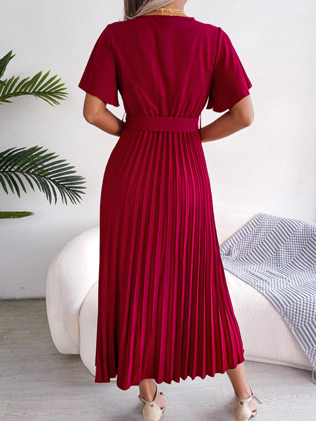 Women   Elegant Cross V Neck Flowy Pleated Maxi Dress Main Image