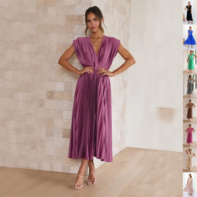 Summer V-neck Pleated Dress INS Fashion Casual Loose Zip Sleeveless Dresses For Women Clothing Hover Image