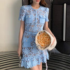 French Minority Elegant Socialite Light Blue Round Neck Lace Short Sleeve Dress