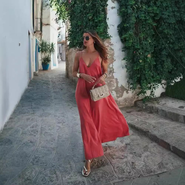All-matching Camisole Elegant Midi Skirt Dress Solid Color Hover Image