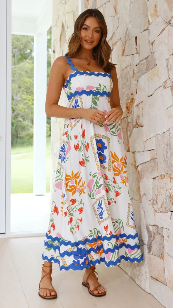 Women's SpringSummer New Suspender Printed Long Dress