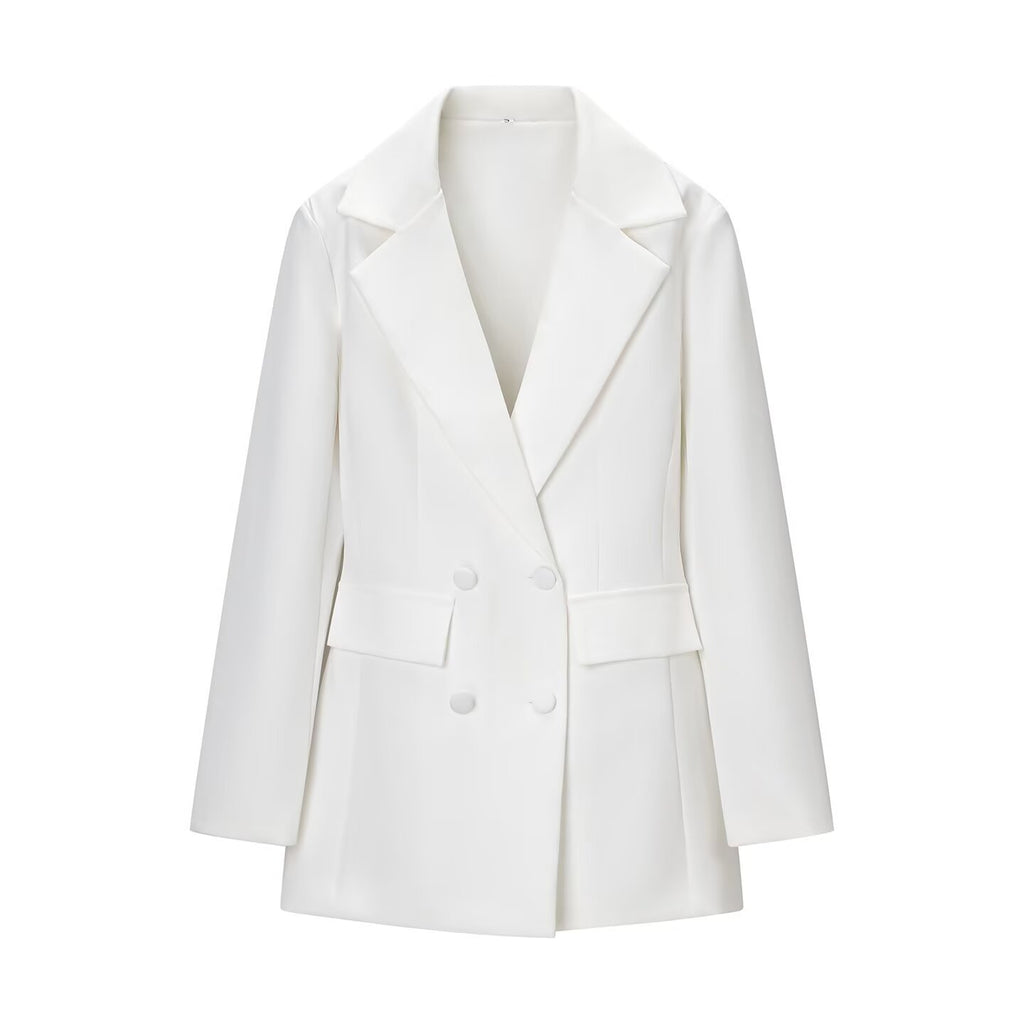 Deep-V Long-sleeved Bloom-shaped Waist-cinched Slim-fit Midi Blazer For Women