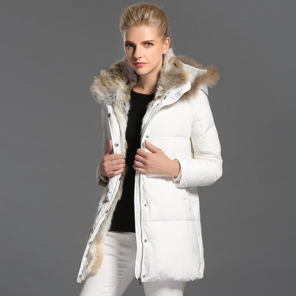 Manteau d'extérieur haut de gamme en duvet et fourrure de lapin, mi-long, matelassé, pour femme