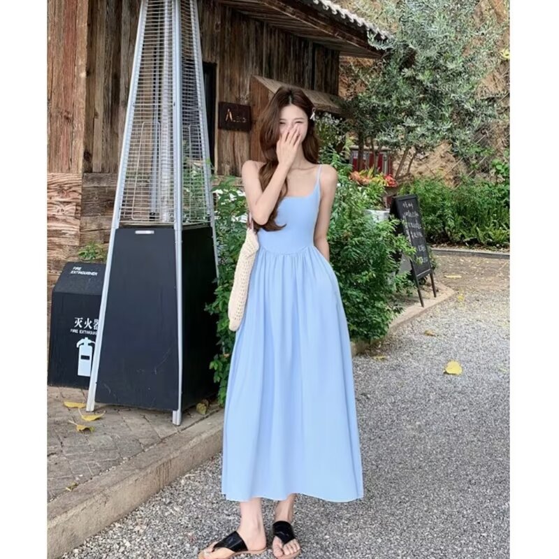Gentle Blue Pleated Suspender Dress