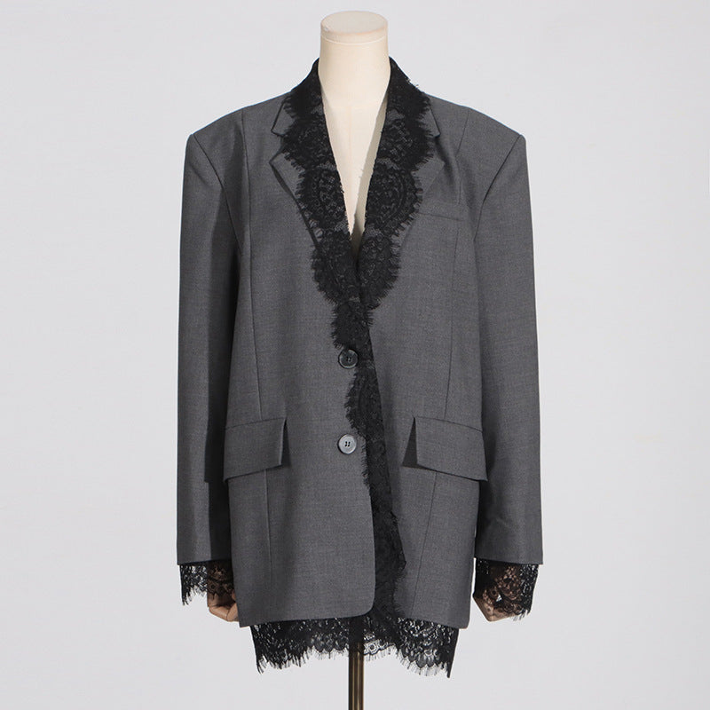 Blazer structuré à manches longues et empiècements en dentelle pour femme