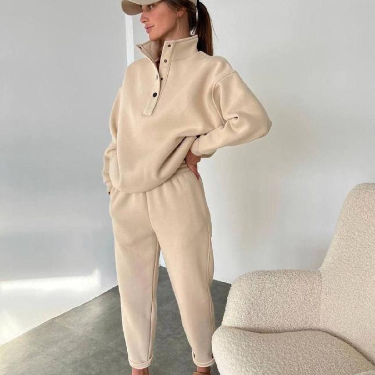 Women's Fashion Button Stand Collar Suit Two-piece Set