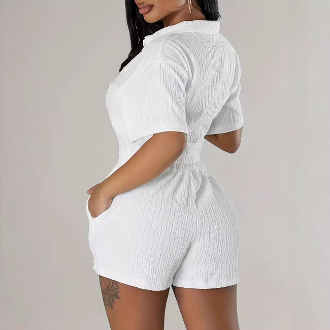 Fashionable Casual Short-Sleeve Shirt Set Single-Breasted Solid Color Pleated Two-Piece Suit Main Image