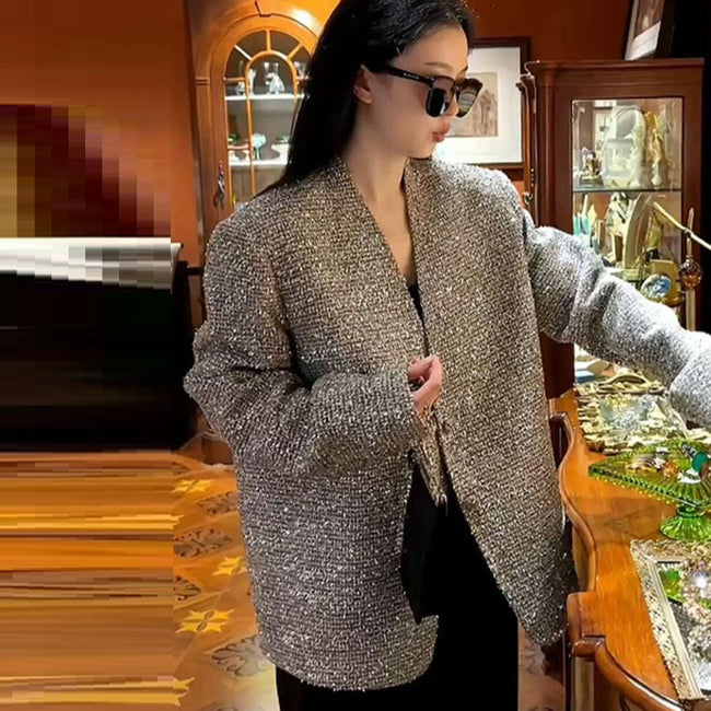 Elegant Silver Classic Style Spring Shiny Silver Blazer Hover Image