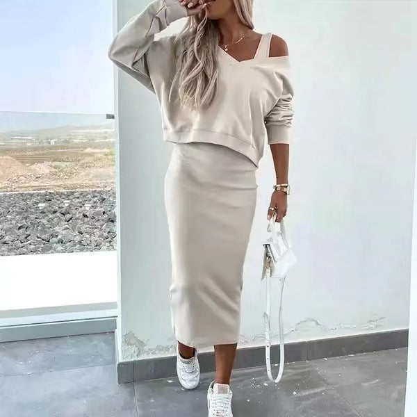 Women's Two Piece Dress Suit Fashion Long-sleeved  V-neck Pullover Sweatshirt And Sleeveless Dresses Set Hover Image